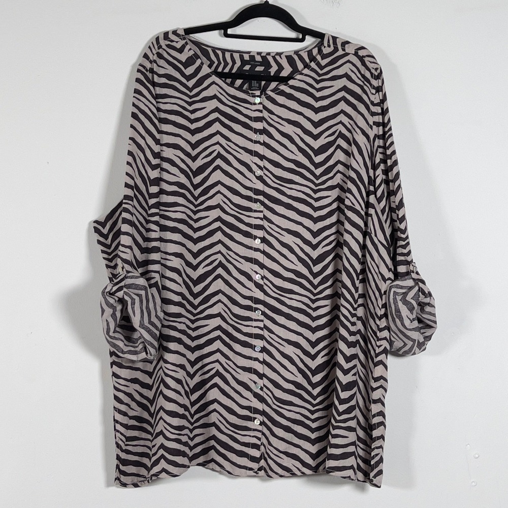 Tahari Linen Button Front Tunic Top Womens Sz 3X Zebra Print Roll‎ Tab Sleeve